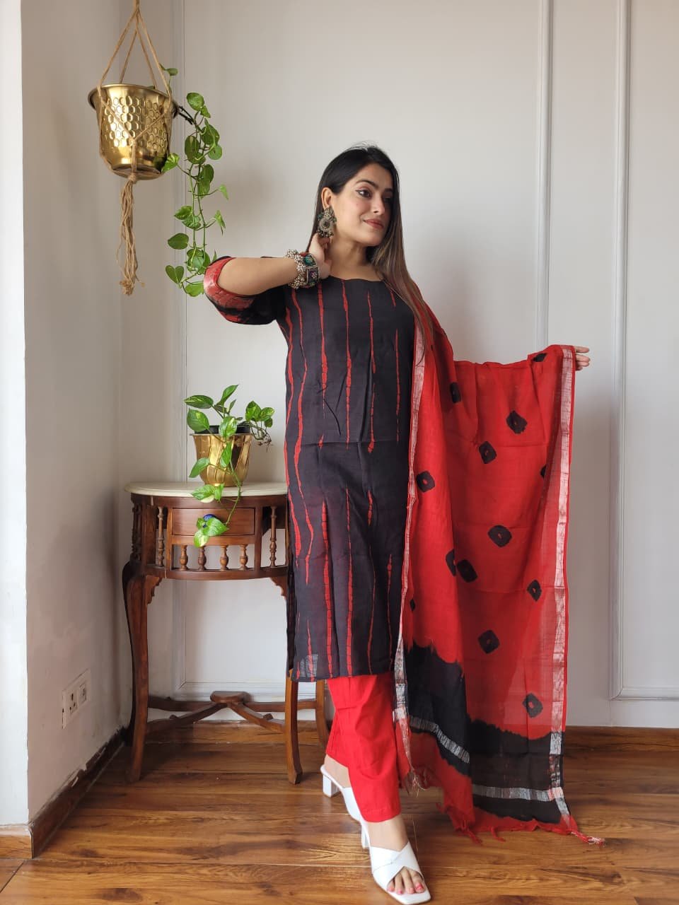 Red Bagru Hand Block Printed Linen Suit Set